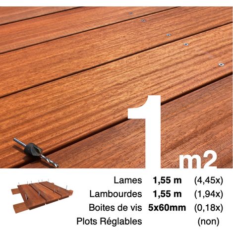 Kit terrasse bois exotique PADOUK pour 1 m² • Lames 1,55 m, lambourdes 1,55 m et visserie Inox (1/4)