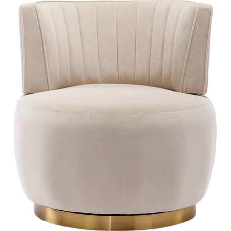 Fauteuil pivotant moderne en velours beige avec dossier ergonomique et structure bois-métal (1/5)