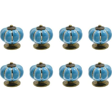 8 x Boutons de tiroir en céramique bouton de meuble forme citrouille pour tiroirs et placards de cuisine (Bleu) (1/4)
