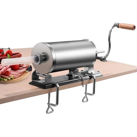 Embutidora de salchichas, capacidad de 3,6 L, 4 tubos de llenado, material de acero inoxidable, diseño horizontal, manual. (1/5)