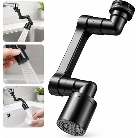 Extenseur de robinet en cuivre épais finition gris foncé 14 cm, rotation 1440 degrés sur 2 articulations, 2 modes de jet pour cuisine, salle de bain et camping-car (1/5)