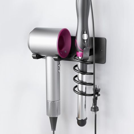 Support mural 2 en 1 pour sèche-cheveux et fer à friser – Universel, métal noir mat, pour salle de bain et chambre