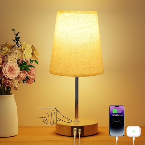 Lampe de Chevet Tactile avec Ports de Charge USB-A + USB-C, 3 Niveaux de Luminosité, Abat-jour en Tissu, Base en Bois, Petite Lampe de Table pour Chambrer Salon (Ampoule Incluse) (1/5)