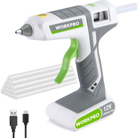 WORKPRO Pistolet à Colle Chaude Sans Fil 12 V avec 15 Bâtons de Colle 200x11mm, Batterie Lithium-ion 2000mAh, Chargement par USB Type C, Indicateur LED, Support de Base, pour Bricolage, Blanc Gris (1/5)