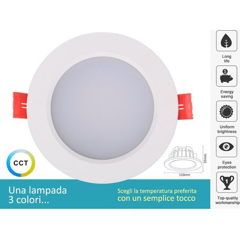 Lampada Faretto Led Da Incasso 10W CCT Dimmerabile Triac Dimmer 2700K 4000K 6000K 3 In 1 Diametro 110mm Carcassa Bianca