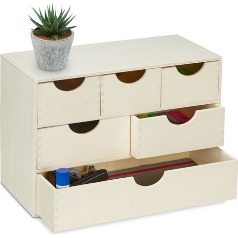 Relaxdays Portaoggetti da Scrivania con Cassetti, 28 x 40 x 20 cm, Mini Cassettiera in Legno con 6 Scomparti, Naturale (1/5)