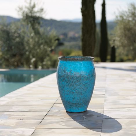 Pot grande taille d'extérieur BACCHUS 36x52cm bleu fer, fait main en terre cuite émaillée, résistant au gel (1/4)