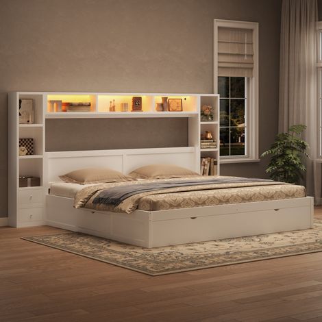 Letto 180x200 cm in MDF bianco con contenitore e LED, salvaspazio, senza materasso – MEUBLIV (1/5)