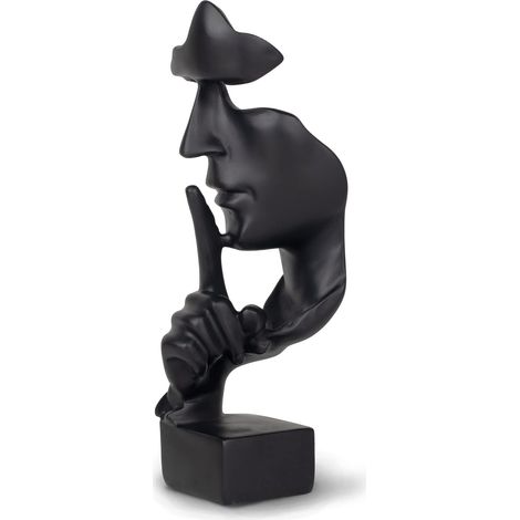 Sculpture décorative Silence noire - Visage abstrait en résine - Figurine de penseur sur socle noir - Décoration moderne pour chambre à coucher et bureau - 27 cm (1/5)