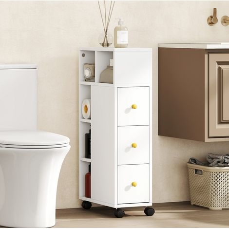 Badezimmerschrank Holz Weiß 20 cm, mit 3 Schubladen, 5 offenen Fächern und Rollen (1/3)