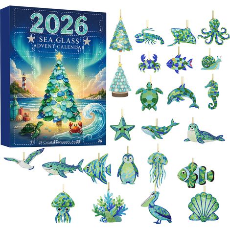 Calendrier de l'Avent avec motif d'animaux marins en verre de mer - 24 décorations de sapin de Noël en acrylique 2D - Calendrier de l'Avent de 24 jours pour les décorations de Noël et les cadeaux de f (1/5)