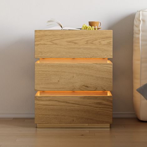 Table de chevet 3 tiroirs effet bois naturel avec éclairage LED, station de charge USB-C et charge sans fil – Design moderne pour chambre-Natural