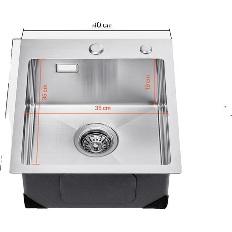 Fregadero de cocina, acero inoxidable 304, diseño insonorizado, 40 cm. (1/2)