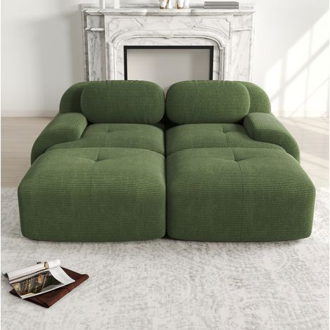 Divano angolare modulare in tessuto di velluto a coste verde, senza struttura, con braccioli ergonomici e base antiscivolo (1/5)