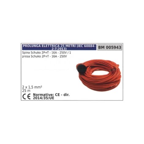 Elektrisches Verlängerungskabel 25m Schuko-Stecker 2-polig+Erde 16A 250V 1 Schuko-Steckdose