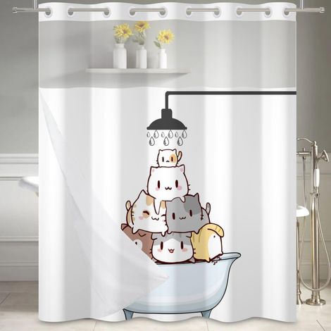 Rideau de Douche sans Crochet Dessin animé Chat Rideau de Douche avec Doublure encliquetable Mignon Chaton Double Couche Rideau de Bain Douche Chat Rideau de Baignoire 71x86inch (1/5)