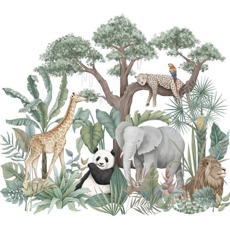 Autocollants muraux animaux de la jungle de dessin animé, éléphant girafe panda léopard plantes vertes animaux autocollants de papier peint pour enfants, art de zoo amovible bricolage pour cha (1/4)