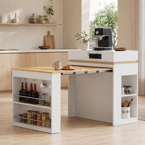Tavolo isola da cucina estensibile su ruote, prese e vani portaoggetti, bianco DESVIAE (1/5)
