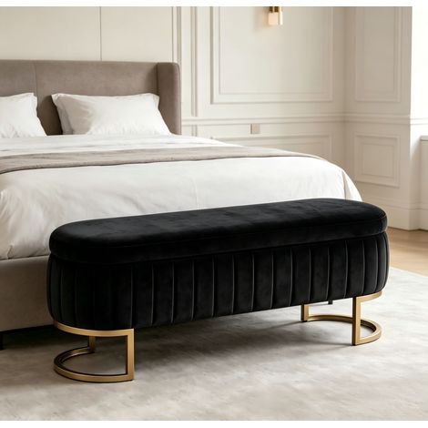 Banco con almacenaje 130 cm, tapizado de terciopelo, patas de metal dorado, negro (1/5)