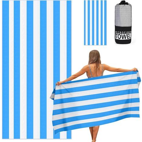 Serviette de Plage, Séchage Rapide & Anti-Sable, Drap de Plage, Serviette de Bain, Serviette Piscine pour la Plage, Sport, Voyages, Sauna, Piscine, 80 x 160 cm - Rayure Bleu Ciel (1/5)