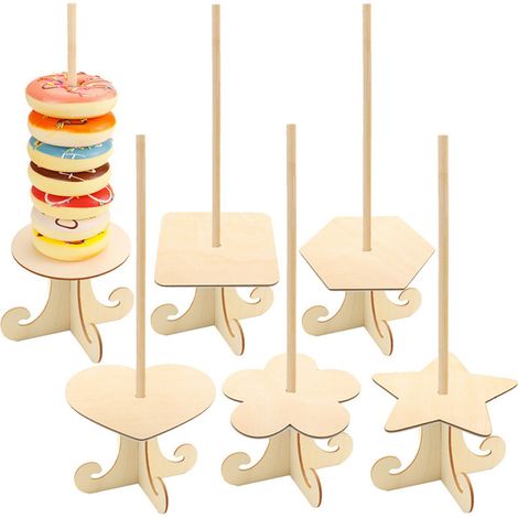 Support 6 décors (rond + carré + hexagone + cœur + fleur de prunier + étoile) à donuts en bois - Pour mariage, baby shower, anniversaire (1/5)