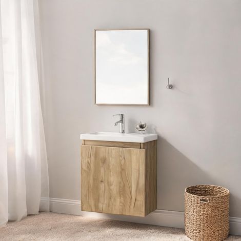 Meuble sous vasque mural avec vasque céramique et miroir en MDF (1/5)
