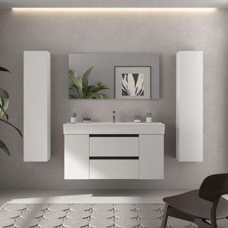 Meuble de salle de bain BEQUIA PLUS METAL 120cm Blanc mat Vasque Veneto Porcelaine Centrale 1P (1/5)