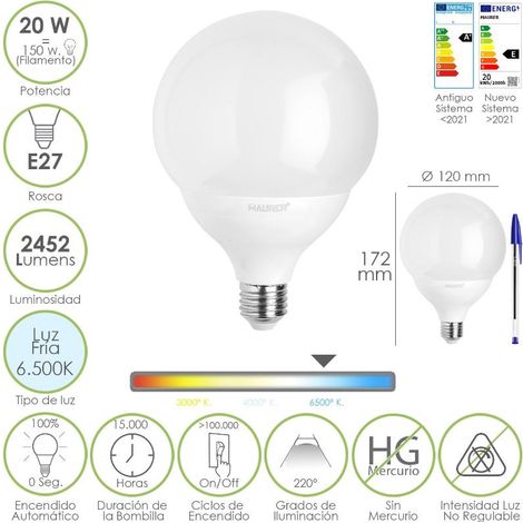 Bombilla Led Globo E27. 20 Watt. Equivale A 150 Watt. 2452 Lumenes. Luz Fria 6500º K.