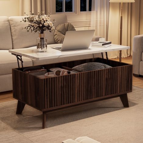 Table Basse Relevable - Design Style Scandinave - Effet Marbre avec Plateau Relevable - pour Salon Élégant (1/5)