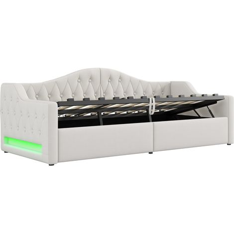 Cama de día tapizada 90 x 200 cm beige con LED y almacenamiento integrado HOMVRA (1/5)