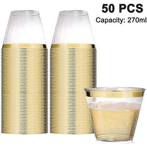 PIAO 50er-Packung Kunststoff-Cocktailgläser, 26 cl, transparente Becher mit bruchfestem Rand, Einwegbecher, für Hochzeiten, Geburtstage und Partys. Goldrand.