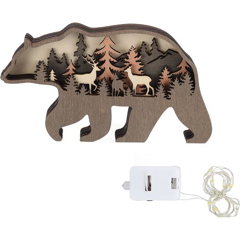 Décoration lumineuse LED en forme d'ours, sculpture en bois d'animaux de forêt 3D avec guirlande lumineuse (1/5)
