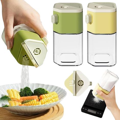 Juego de 2 frascos de especias predosificados, caja de especias, apto para especias, pimienta, azúcar, harina de trigo, recipiente para siete sabores para la mesa de la cocina, 200 ml, verde y amarill (1/5)