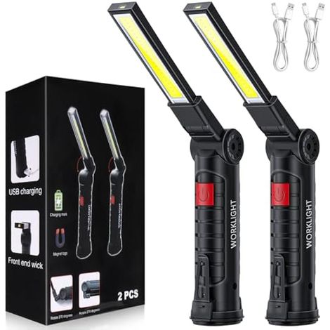 2 pièces Lampe torche LED magnétique rechargeable, étanche, lampe d'inspection 5 modes, 360° rotative pour réparation auto & maison
