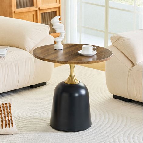 Tavolino rotondo da salotto, stile nordico, piano effetto noce, base in metallo, noce e nero (1/5)