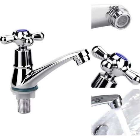 Mitigeur de lavabo à une poignée, eau froide, robinet chromé avec filtre et croix de manœuvre, salle de bain