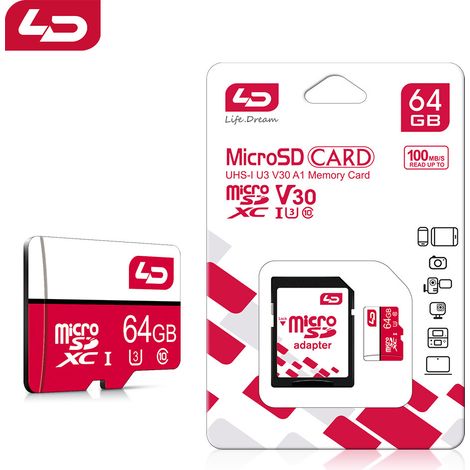 Carte LD rouge et blanche, carte mémoire de 64 Go U3, haute vitesse, carte LD/TF pour téléphone portable, carte mémoire SD, lecteur de carte offert