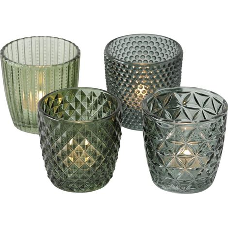 Ensemble de photophores 4 pièces vert, verres décoratifs pour bougies / chauffe-plats, porte-bougies Ø 8 cm, motifs variés, forme ronde, support pour chauffe-plat (1/5)