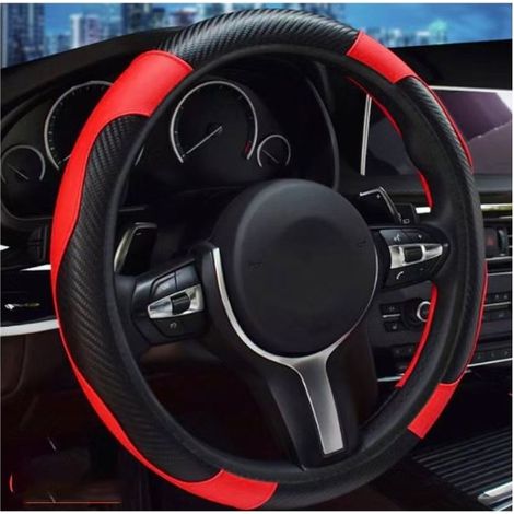 Microfiber Leather Steering Wheel Cover, Black Red Breathable PU Car Steering Wheel Cover with Handbrake Cover & Gear Shift Cover, Non-Slip Universal Steering Wheel Cover (1/5)