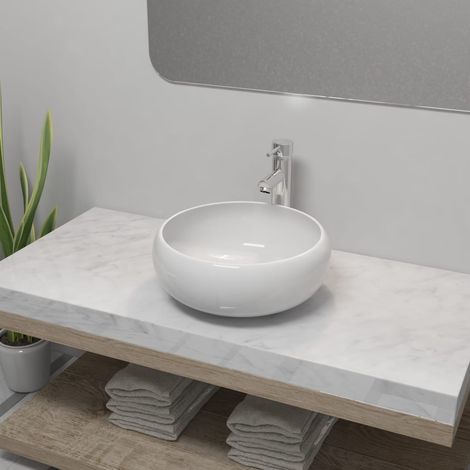 Vasque à poser Lavabo de salle de bain avec mitigeur Céramique Rond Blanc (1/5)