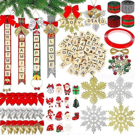 Decoraciones navideñas de letras DIY, azulejos de letras, decoración navideña, palabras de madera, adorno navideño con lazo de campanillas de lino, letra mayúscula colgante de Navidad