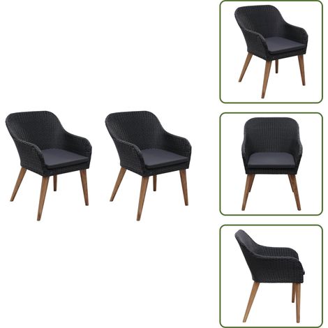 The Living Store Chaises d'extérieur lot de 2 avec coussins Résine tressée Noir - Fauteuil en résine (1/5)