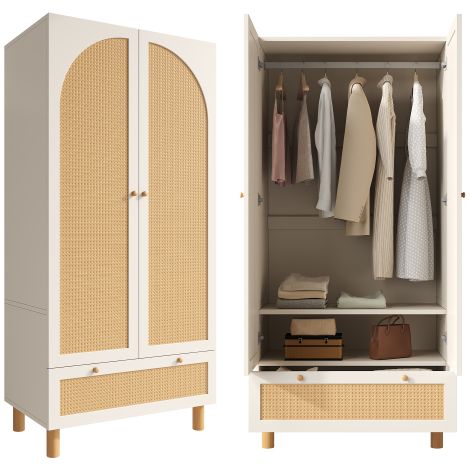 Meuble de rangement à doubles portes avec détails en rotin — style rustique blanc — comprenant un grand tiroir, des étagères réglables en hauteur et une tringle de penderie inclut un dispositif de sé (1/5)