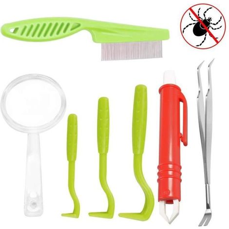 Vvikizy Ensemble de 7 Outils Anti-tiques pour Chien Chat - Crochet Anti-tiques Pince à Tiques Brosse Anti-puces Loupe (1/4)