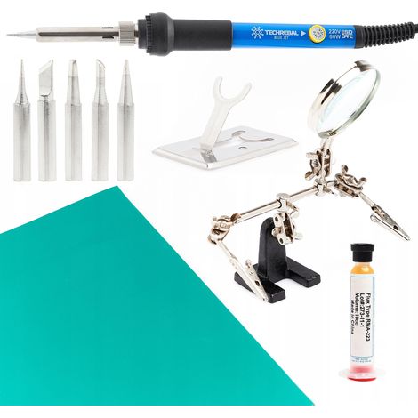 Saldatore Techrebal "Blue Jet" 60W 7 in 1 + kit (fluido 223, terza mano con lente d'ingrandimento, tappetino)