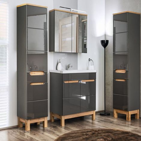 Badmöbel Set mit 60cm Waschtisch & Spiegelschrank SOLNA-56 in Hochglanz grau mit Eiche, B/H/T ca.: 160/200/46 cm (1/5)