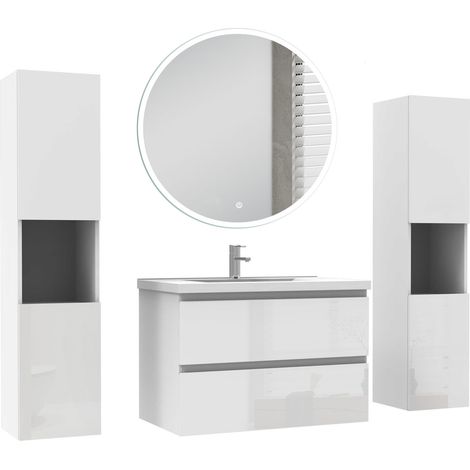 Ocean Ensemble de Meuble salle de bain 79cm + miroir led rond + 2 colonnes 131.5cm, blanc Haut Brillant