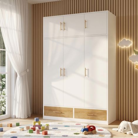 Armario de 3 puertas de 120x50x180 cm con barra para colgar ropa, estantes, 2 cajones y compartimento superior, de MDF blanco. (1/5)