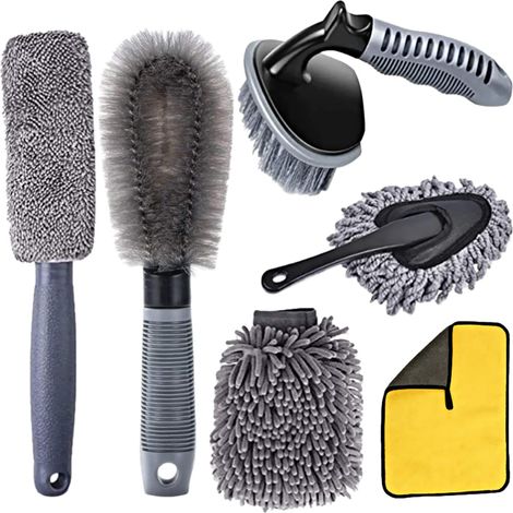 Produit Nettoyage Voiture,6 Pièces Kit Nettoyage Voiture Brosse Jante Voiture Brosse Jante Gant Lavage Voiture Roues en Alliage Brosse à poussière pour Voitures, Motos, Camping Cars, camions (1/5)