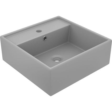 Lavabo de luxe avec trop-plein, carré, gris clair mat, 41 x 41 cm (1/5)